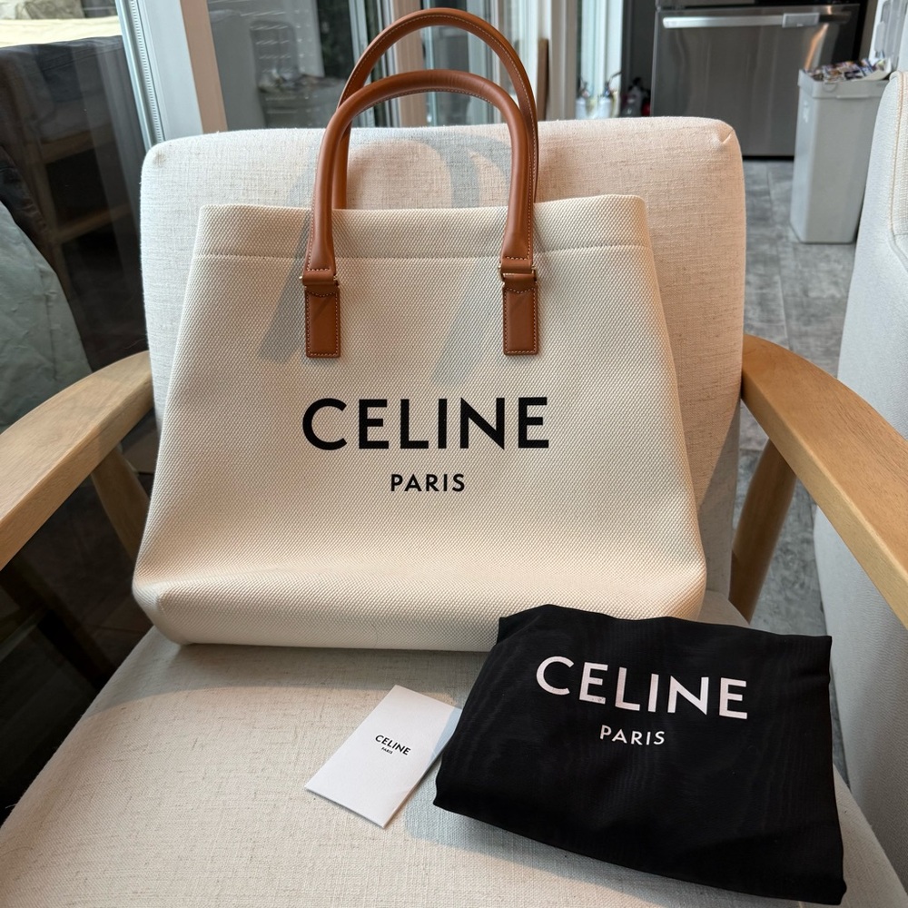 CELINE Horizontal Beige Canvas Calfskin Logo Tote Bag